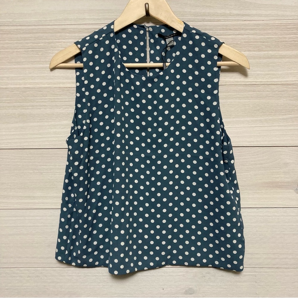 Tahari teal white polka dot shirt blouse top medium